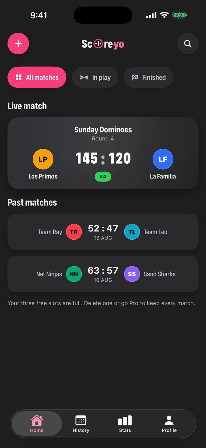 The Scoreyo home screen showing one live match and two finished ones.